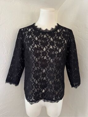 Talbots Petites Black Floral Lace Blouse 3/4 Sleeve Sheer Top Size 4P NWT